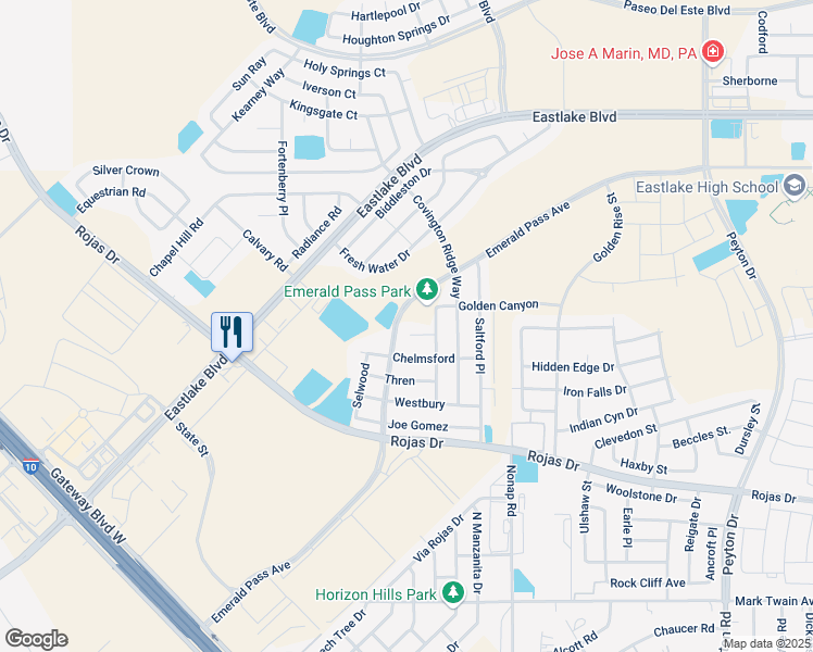 map of restaurants, bars, coffee shops, grocery stores, and more near 12325 Chelmsford in El Paso