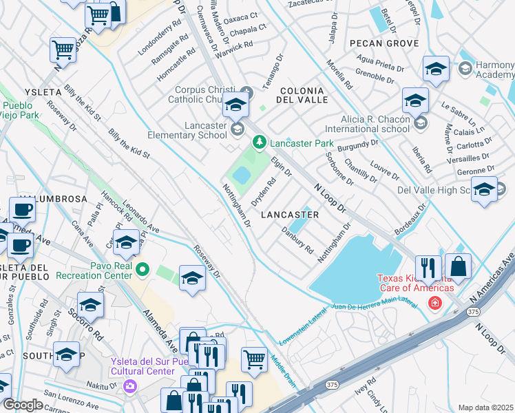 map of restaurants, bars, coffee shops, grocery stores, and more near 624 Thames Drive in El Paso