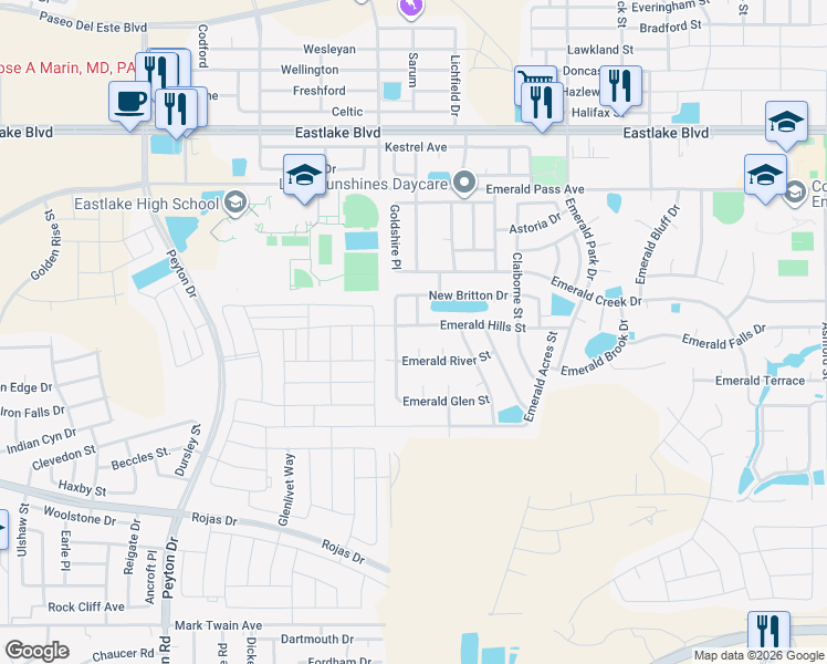 map of restaurants, bars, coffee shops, grocery stores, and more near 357 Emerald Lake Place in Horizon City