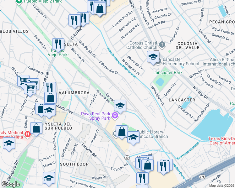 map of restaurants, bars, coffee shops, grocery stores, and more near 9287 Leonardo Avenue in El Paso
