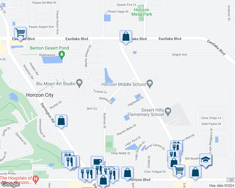 map of restaurants, bars, coffee shops, grocery stores, and more near 437 Desert Dandelion Street in Horizon City