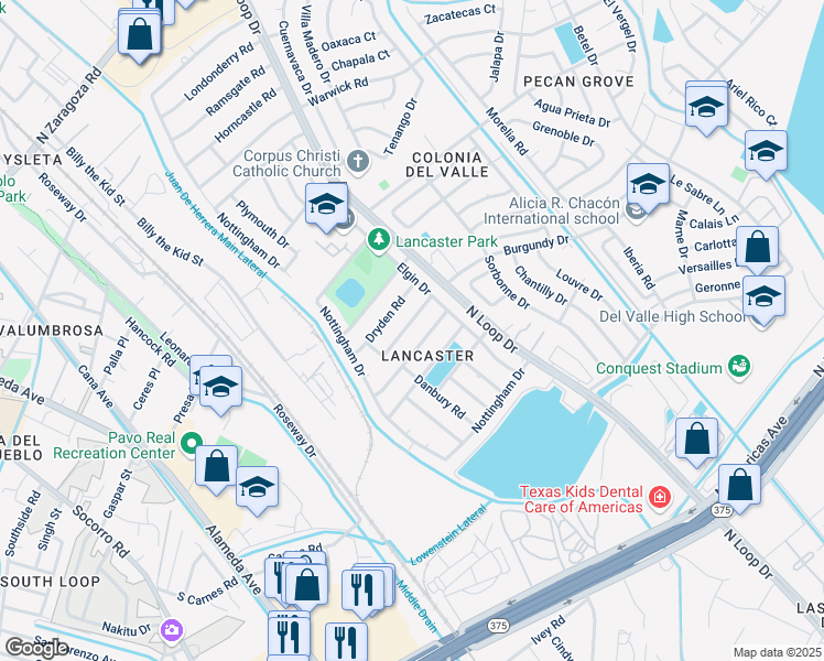 map of restaurants, bars, coffee shops, grocery stores, and more near 728 Thames Drive in El Paso
