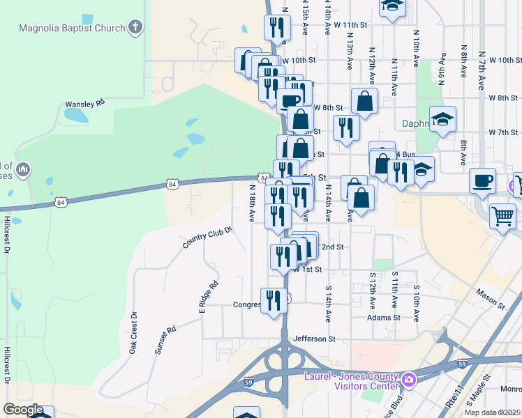 map of restaurants, bars, coffee shops, grocery stores, and more near 338 North 17th Avenue in Laurel