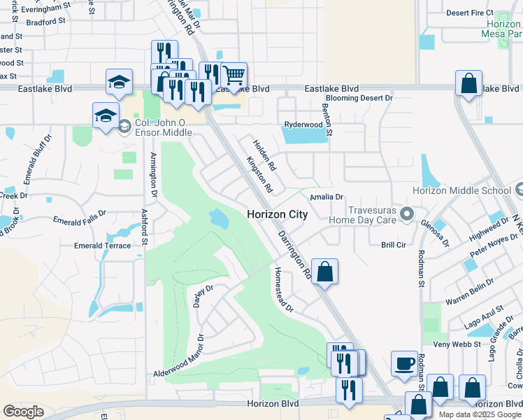 map of restaurants, bars, coffee shops, grocery stores, and more near 18011 Darrington Road in Horizon City