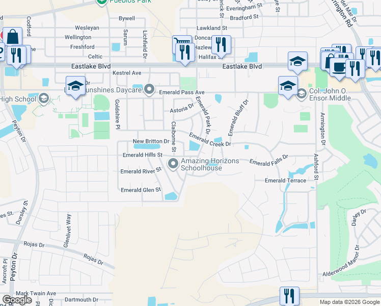 map of restaurants, bars, coffee shops, grocery stores, and more near 13347 Emerald Hills Street in Horizon City