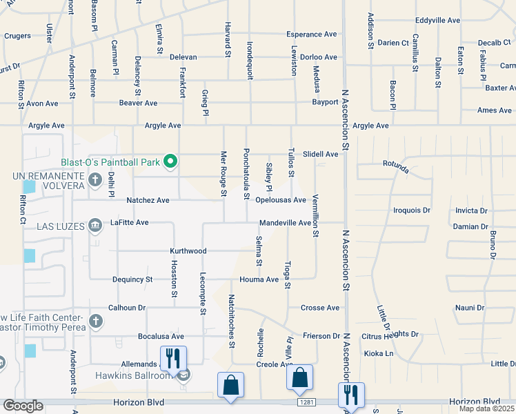 map of restaurants, bars, coffee shops, grocery stores, and more near Opelousas Avenue in El Paso