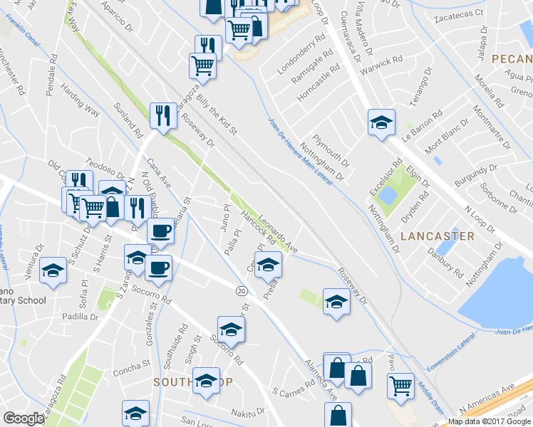 map of restaurants, bars, coffee shops, grocery stores, and more near 9263 Leonardo Avenue in El Paso