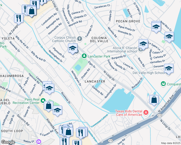 map of restaurants, bars, coffee shops, grocery stores, and more near 713 Dryden Road in El Paso