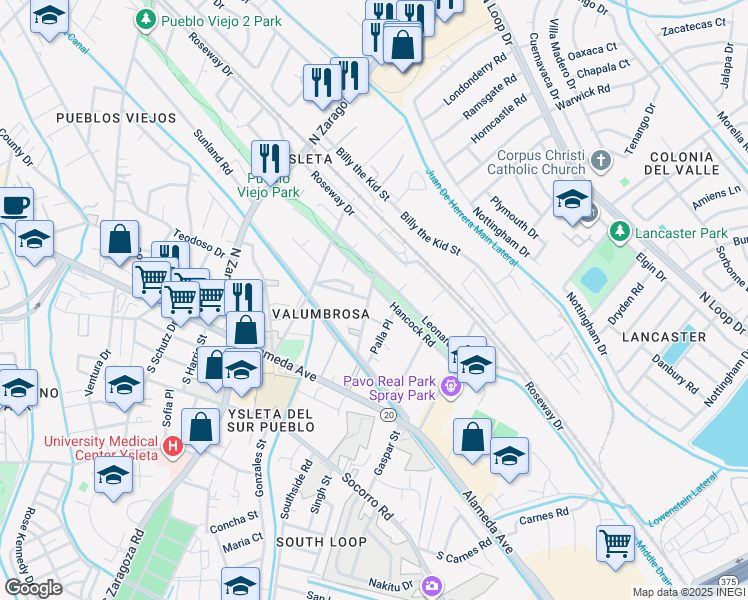 map of restaurants, bars, coffee shops, grocery stores, and more near 9230 Hancock Road in El Paso
