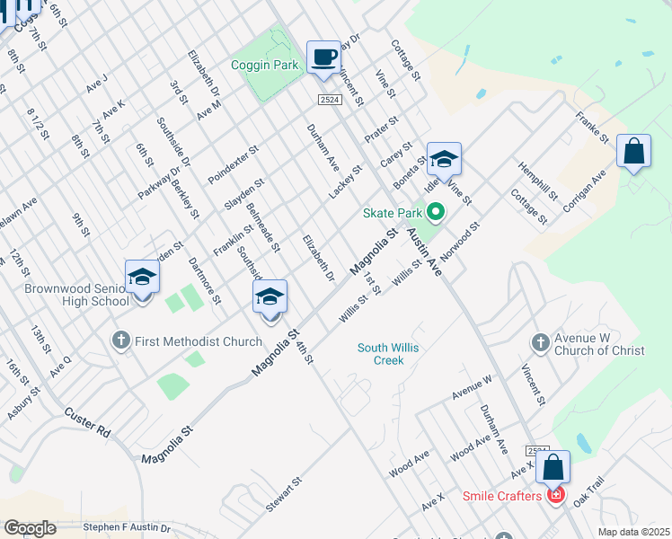 map of restaurants, bars, coffee shops, grocery stores, and more near 2710 Elizabeth Drive in Brownwood