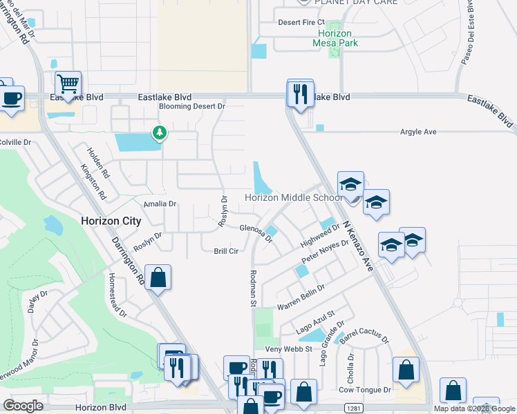 map of restaurants, bars, coffee shops, grocery stores, and more near 404 Nita Place in Horizon City