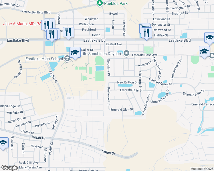 map of restaurants, bars, coffee shops, grocery stores, and more near 405 Duskwood Street in El Paso