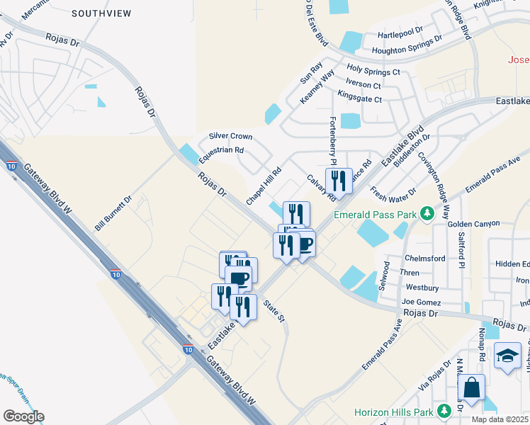 map of restaurants, bars, coffee shops, grocery stores, and more near 12501 Rojas Drive in El Paso