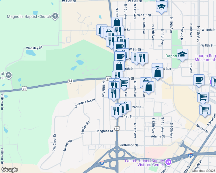map of restaurants, bars, coffee shops, grocery stores, and more near 338 North 17th Avenue in Laurel