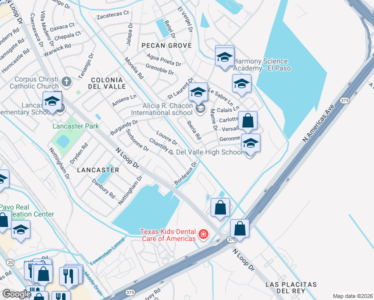 map of restaurants, bars, coffee shops, grocery stores, and more near 9431 Louvre Drive in El Paso