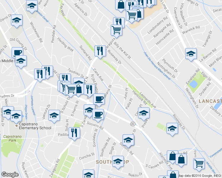 map of restaurants, bars, coffee shops, grocery stores, and more near 200 Candelaria Street in El Paso