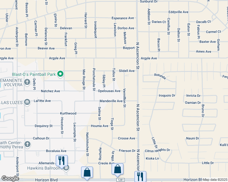map of restaurants, bars, coffee shops, grocery stores, and more near Opelousas Avenue in El Paso County