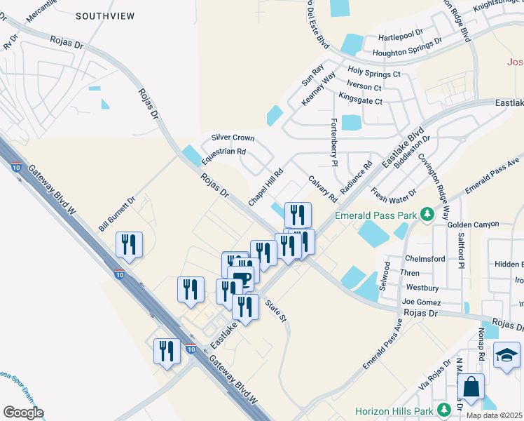 map of restaurants, bars, coffee shops, grocery stores, and more near 12501 Rojas Drive in El Paso