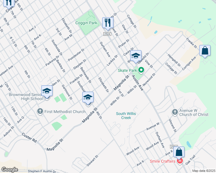 map of restaurants, bars, coffee shops, grocery stores, and more near 2710 Elizabeth Drive in Brownwood