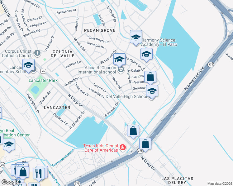 map of restaurants, bars, coffee shops, grocery stores, and more near 9431 Louvre Drive in El Paso