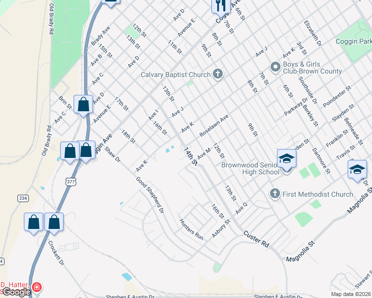 map of restaurants, bars, coffee shops, grocery stores, and more near 14th Street in Brownwood