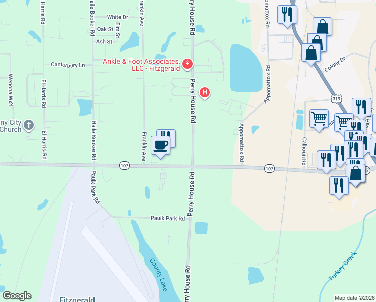 map of restaurants, bars, coffee shops, grocery stores, and more near 135-197 Perry House Rd in Fitzgerald