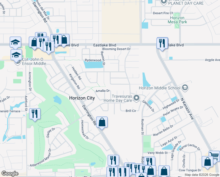 map of restaurants, bars, coffee shops, grocery stores, and more near 424 Amalia Drive in Horizon City