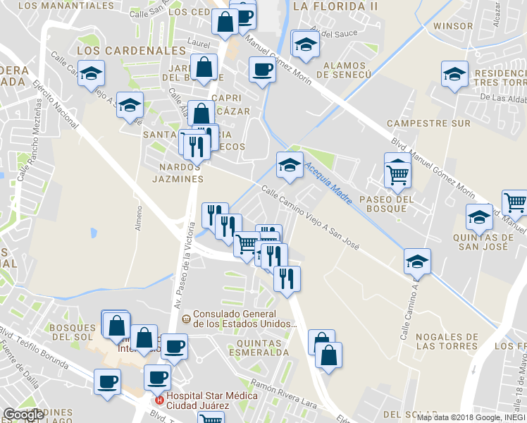 map of restaurants, bars, coffee shops, grocery stores, and more near Quinta Socorro in Ciudad Juarez
