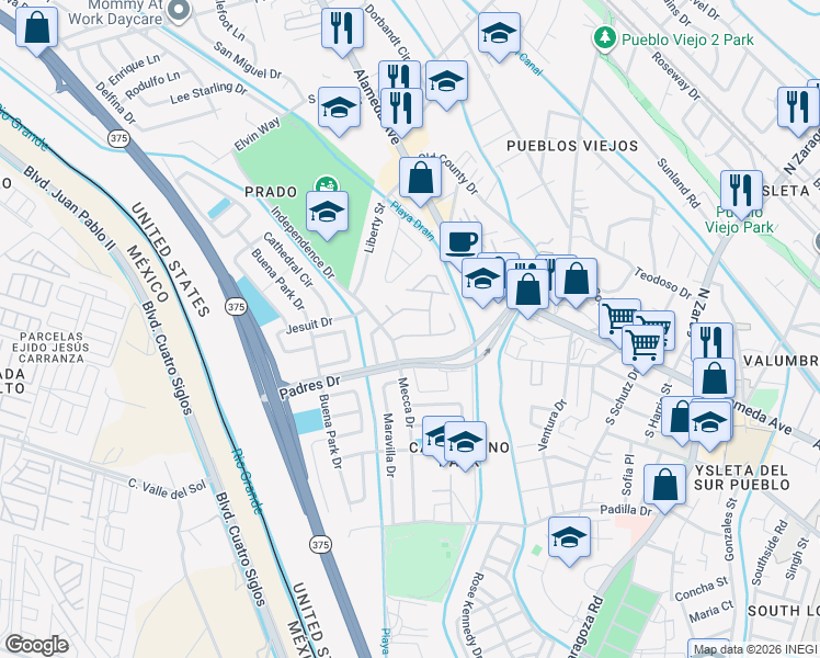 map of restaurants, bars, coffee shops, grocery stores, and more near 8776 Independence Drive in El Paso