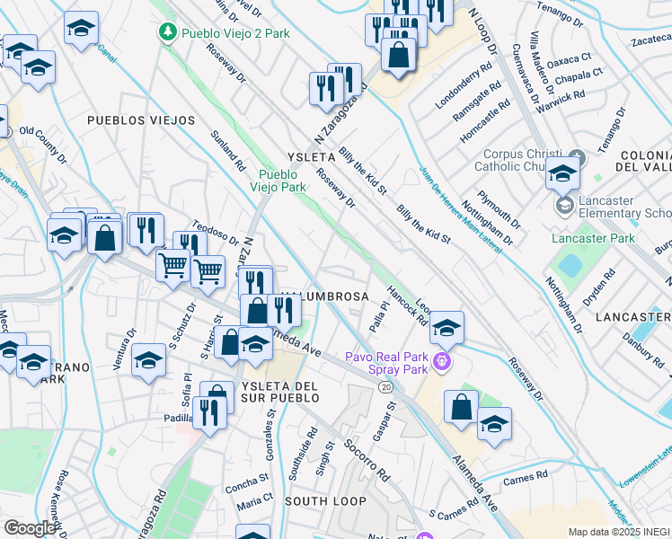 map of restaurants, bars, coffee shops, grocery stores, and more near 200 Candelaria Street in El Paso