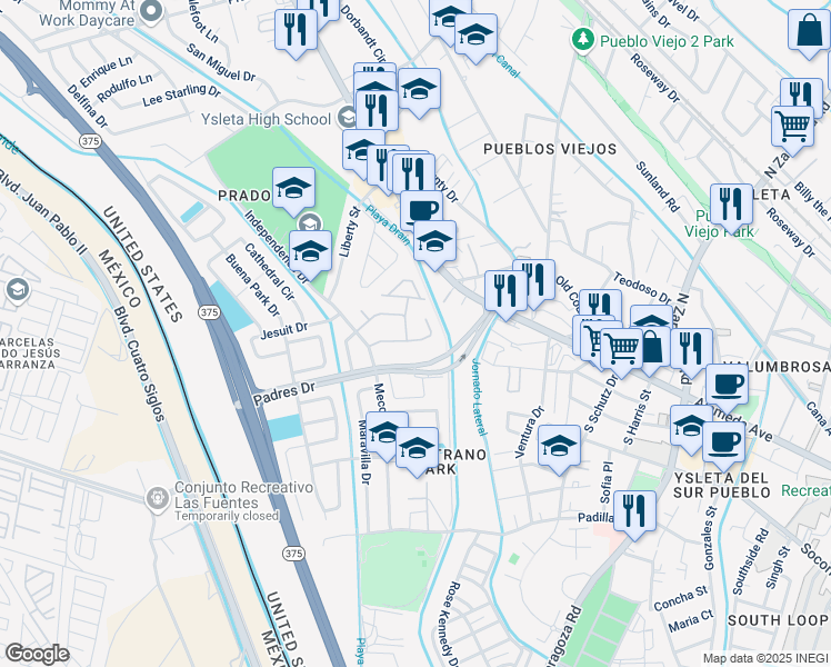 map of restaurants, bars, coffee shops, grocery stores, and more near 234-298 John Andreas Drive in El Paso