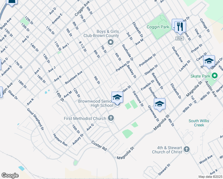 map of restaurants, bars, coffee shops, grocery stores, and more near 2001 Slayden Street in Brownwood