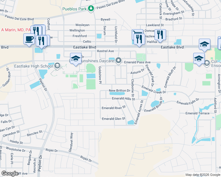 map of restaurants, bars, coffee shops, grocery stores, and more near 409 Nighthaven Street in El Paso