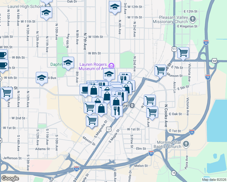 map of restaurants, bars, coffee shops, grocery stores, and more near in Laurel