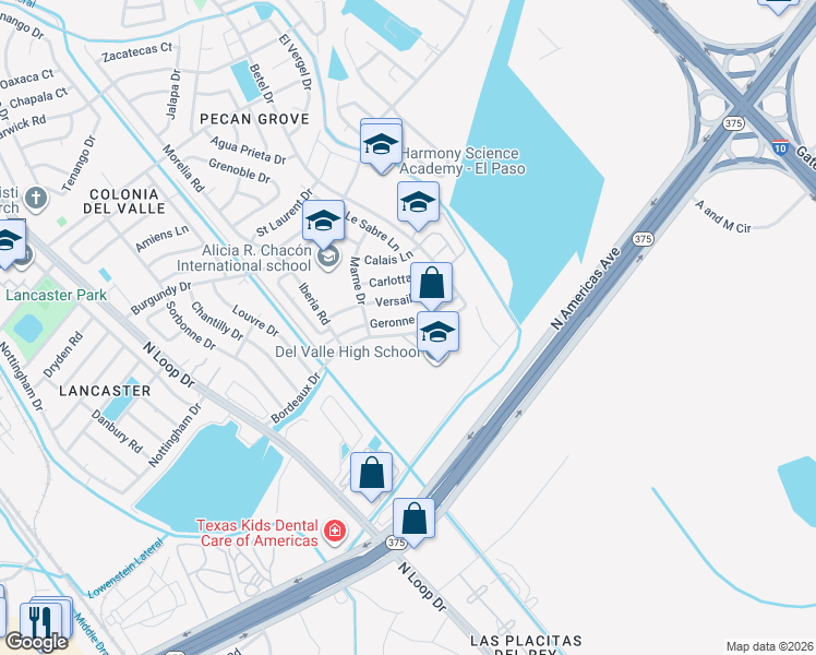 map of restaurants, bars, coffee shops, grocery stores, and more near 950 Geronne Drive in El Paso