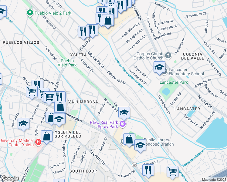 map of restaurants, bars, coffee shops, grocery stores, and more near 9263 Leonardo Avenue in El Paso