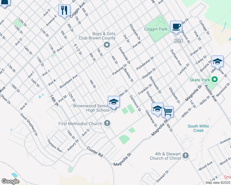 map of restaurants, bars, coffee shops, grocery stores, and more near 2001 Slayden Street in Brownwood