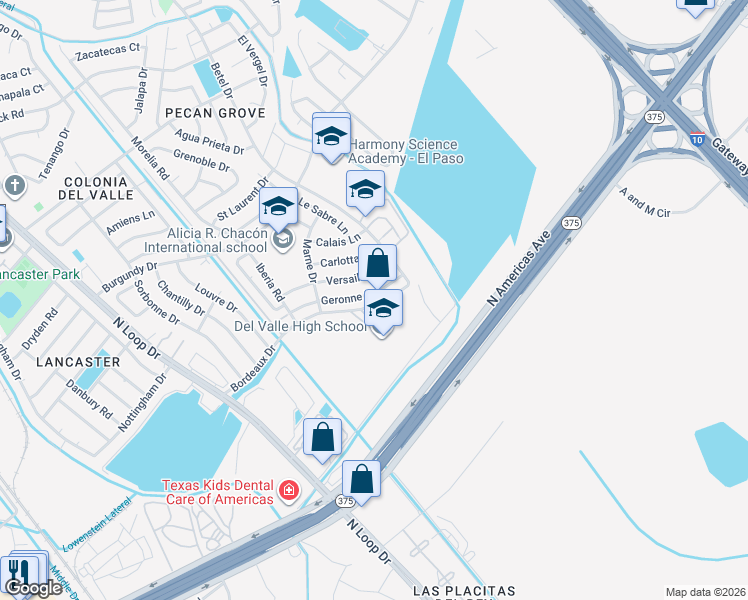 map of restaurants, bars, coffee shops, grocery stores, and more near 950 Geronne Drive in El Paso