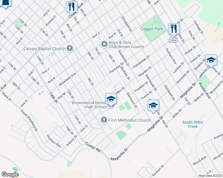 map of restaurants, bars, coffee shops, grocery stores, and more near 2001 Slayden Street in Brownwood