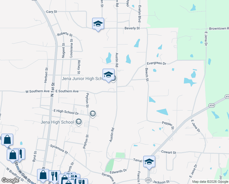 map of restaurants, bars, coffee shops, grocery stores, and more near 114 East Southern Avenue in Jena