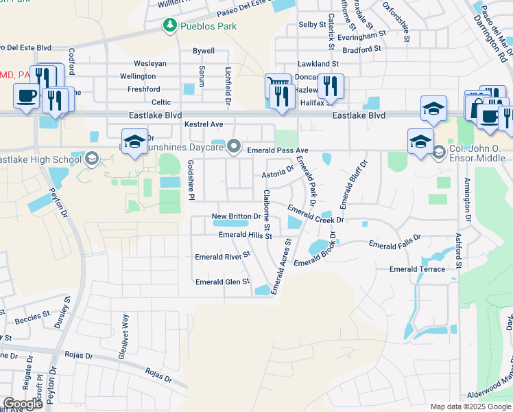 map of restaurants, bars, coffee shops, grocery stores, and more near 13288 Emerald Creek Drive in El Paso
