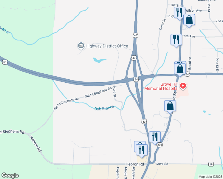 map of restaurants, bars, coffee shops, grocery stores, and more near 273 Hurd Street in Grove Hill