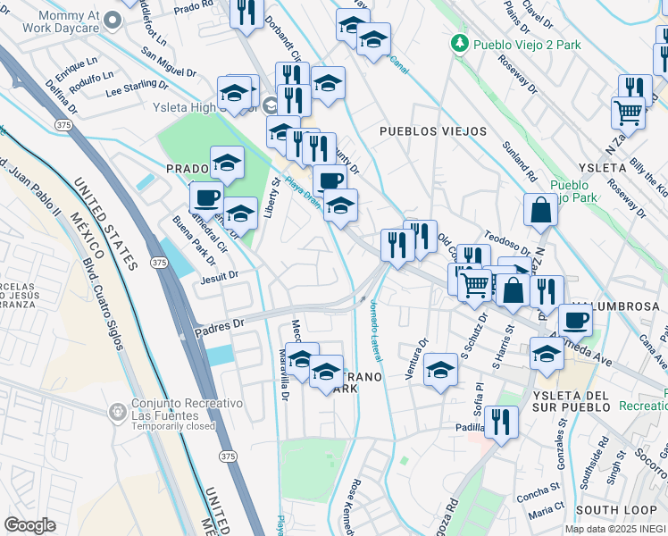 map of restaurants, bars, coffee shops, grocery stores, and more near 298 John Andreas Drive in El Paso