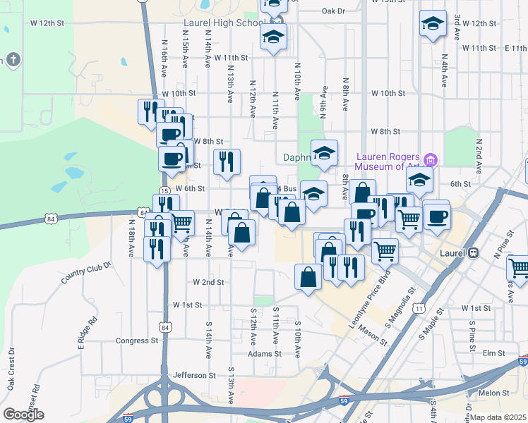 map of restaurants, bars, coffee shops, grocery stores, and more near in Laurel