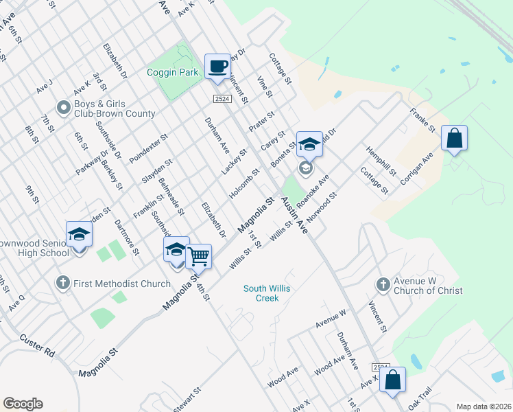 map of restaurants, bars, coffee shops, grocery stores, and more near 2702 1st Street in Brownwood