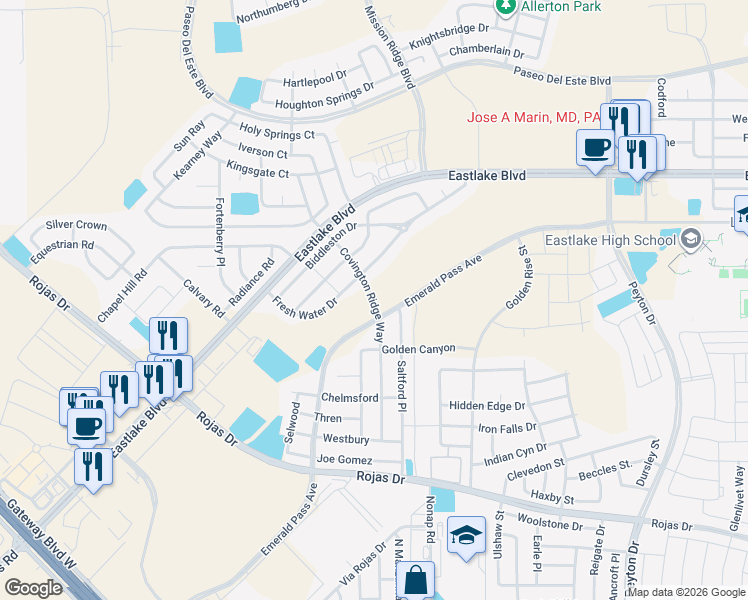 map of restaurants, bars, coffee shops, grocery stores, and more near Covington Ridge Way in El Paso County