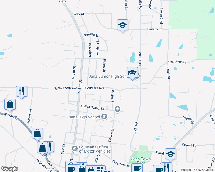 map of restaurants, bars, coffee shops, grocery stores, and more near 549 East Southern Avenue in Jena