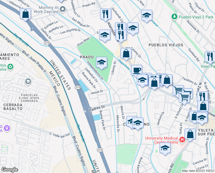 map of restaurants, bars, coffee shops, grocery stores, and more near 8706 Cathedral Circle in El Paso