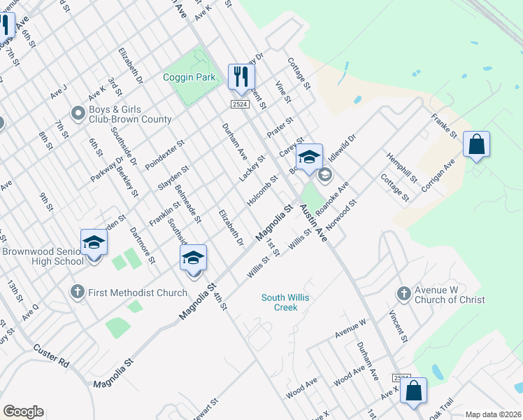 map of restaurants, bars, coffee shops, grocery stores, and more near 2702 1st Street in Brownwood