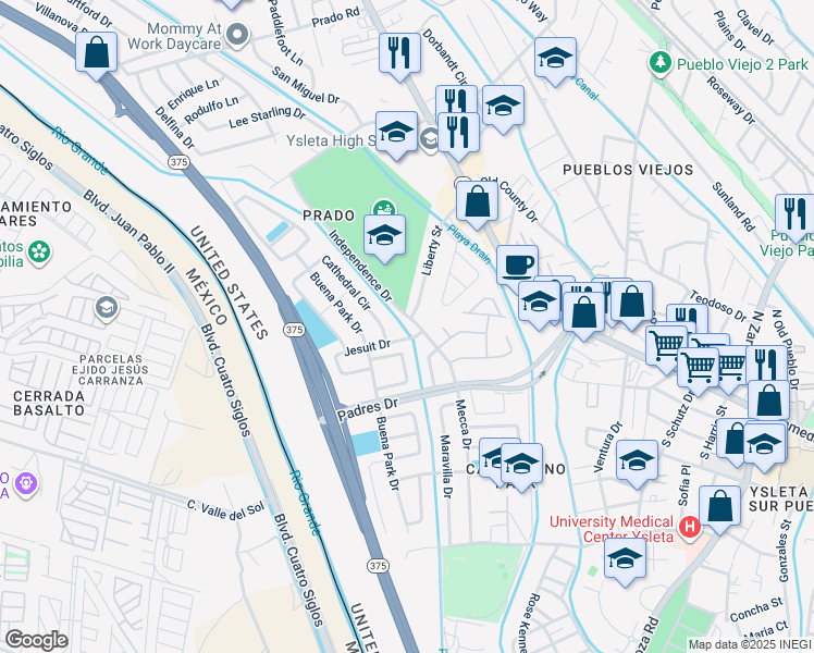 map of restaurants, bars, coffee shops, grocery stores, and more near 8706 Cathedral Circle in El Paso
